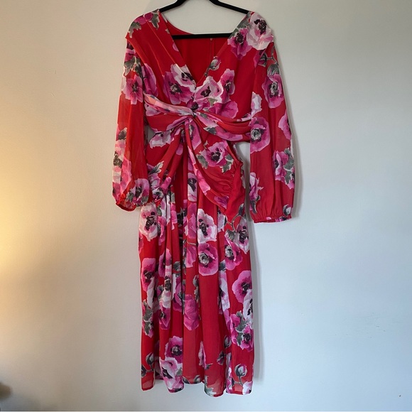 NWT Ranna Gill Red Floral Twist Front Midi Dress with Side Cutouts - Picture 2 of 4